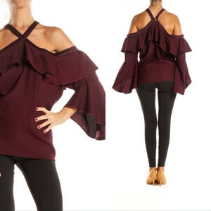 New LOFT Halter Blouse Size Medium Ruffle Off Shoulder Top Bell Sleeve Formal